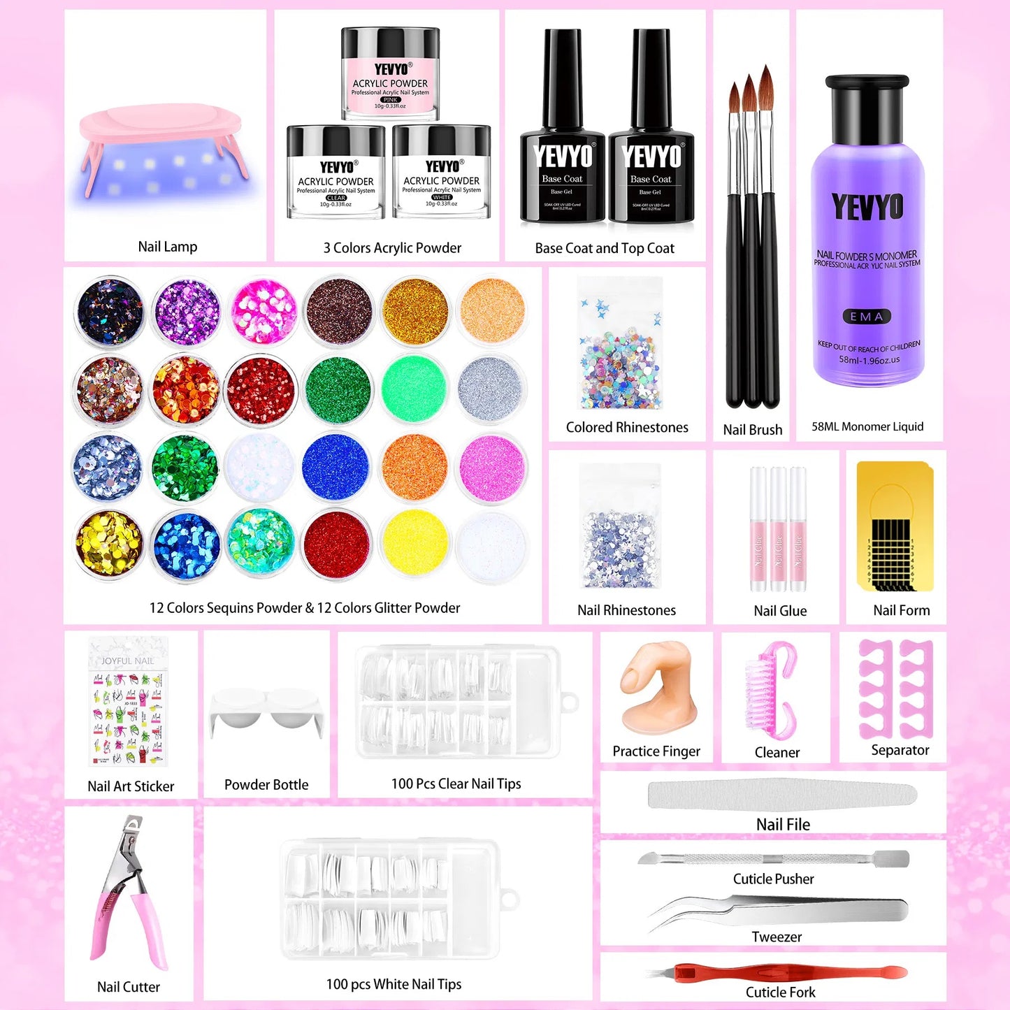 Professional Acrylic Nail Kit, With Pink Nail UV LED Lamps, Acrylic Powders Nail Art Tools