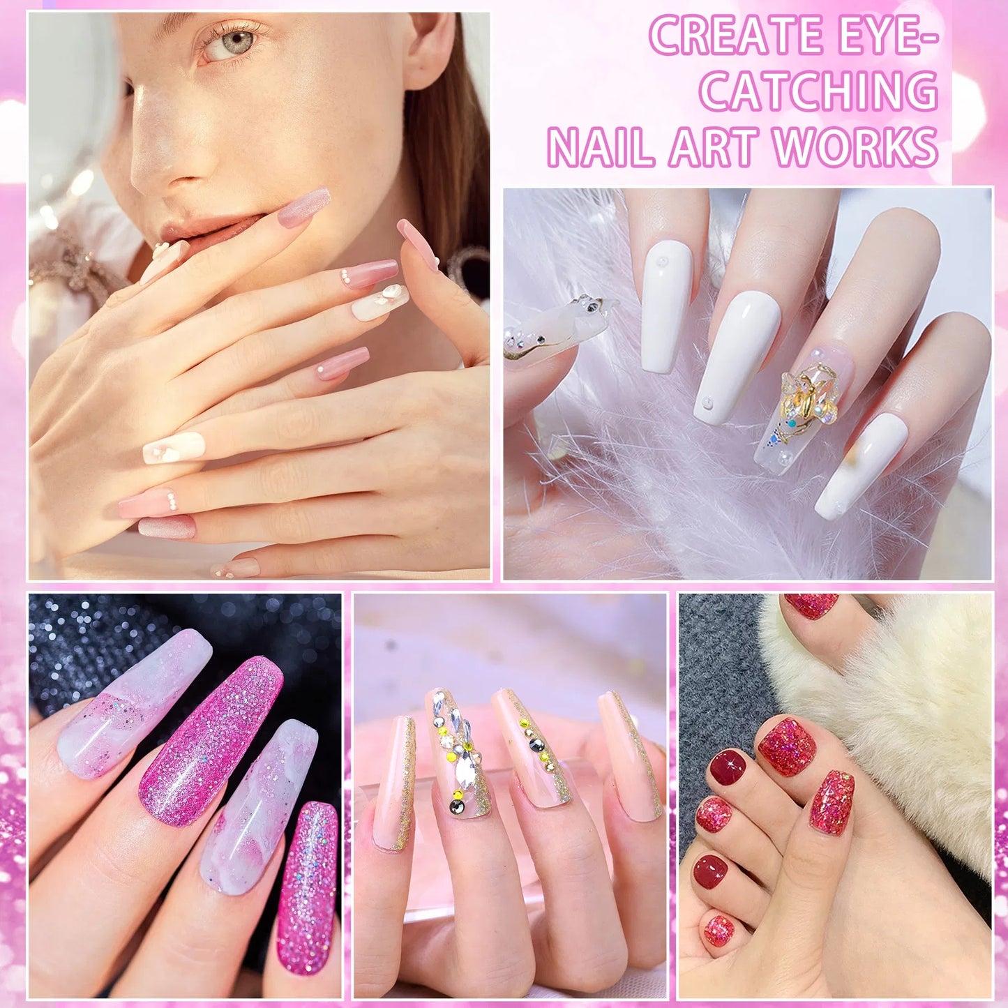 Professional Acrylic Nail Kit, With Pink Nail UV LED Lamps, Acrylic Powders Nail Art Tools